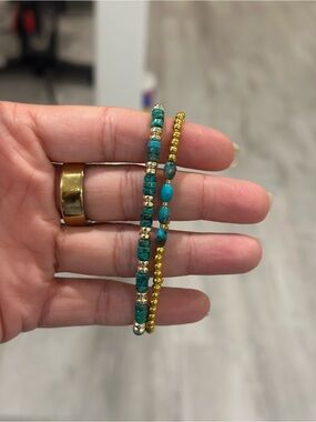 Handmade Turquoise Gold Beaded Stretch Bracelet Set | Boho Summer Stack Gift